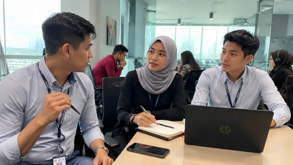 Young Malaysian professionals collaborating around a laptop in an office