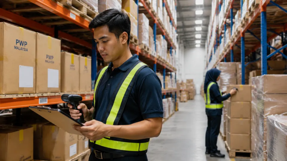 Logistics workers coordinating goods inside a warehouse